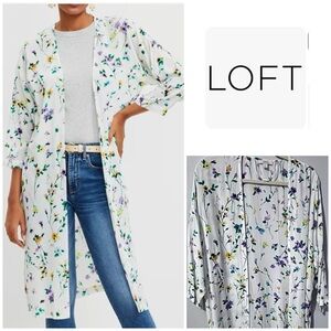 LOFT White Floral Kimono Coatigan with Yellow & Purple Blossoms